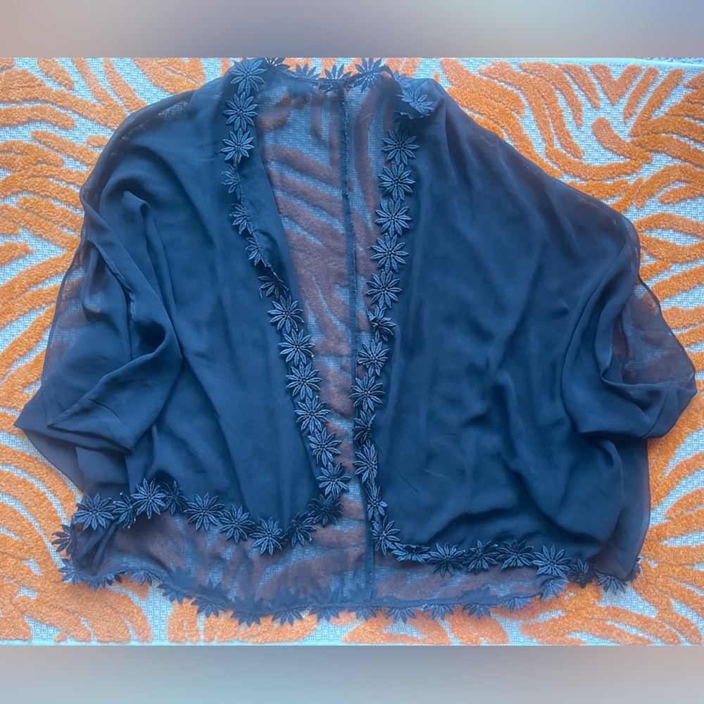 Black Flower-Trimmed Shawl w/ Sleeve Holes
